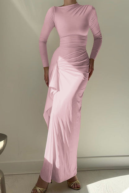 Slim Fit Pleated Long Sleeve Maxi Dress