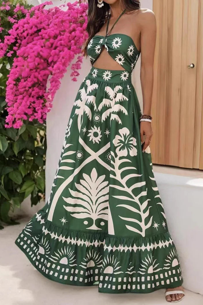 Printed Halter Neck Waist Tie Maxi Dress