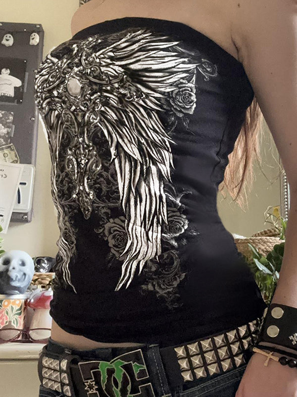 Black Y2k Wings Print Personalisation Bandeau Top