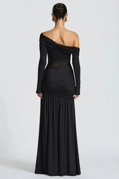 Off Shoulder Long Sleeve Mesh Panel Ruched High Split Maxi Dress