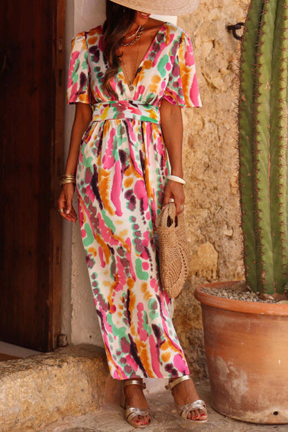 Boho Tie-dye Print V Neck Maxi Dress