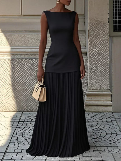 Women's Sleeveless Maxi Dress with Flowing Pleats – Elegant Bridesmaid Gown