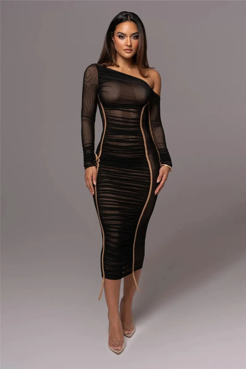 Asymmetric One-Shoulder Mesh Ruched Piping Drawstring Midi Dress