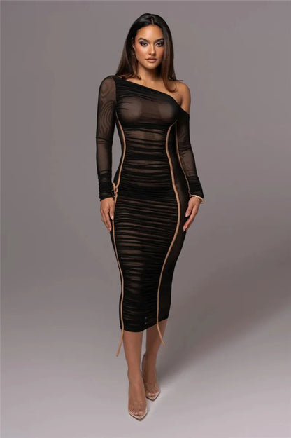 Asymmetric One-Shoulder Mesh Ruched Piping Drawstring Midi Dress