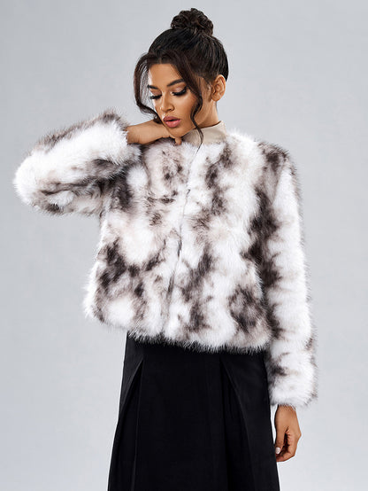 Faux Fur Coats Long Sleeves Casual Faux Fur Jacket Jewel Neck White Women Coat