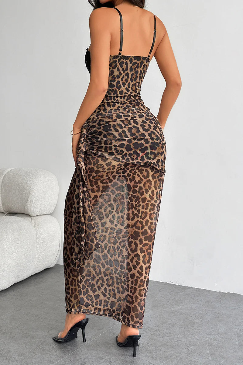 Wild Leopard Print Lace Cami Bodycon Maxi Dress