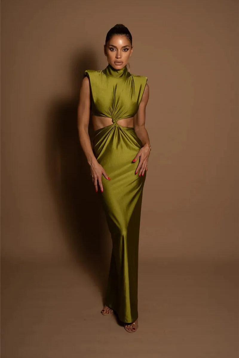 Mock Neck Padded Shoulder Twist Cut Out Waist Ruched Bodycon Midi Dress