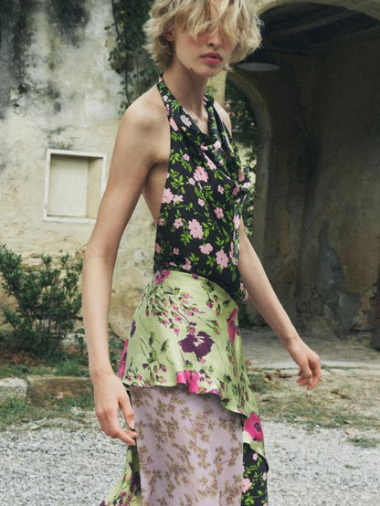 Floral Print Halterneck Backless Maxi Dress