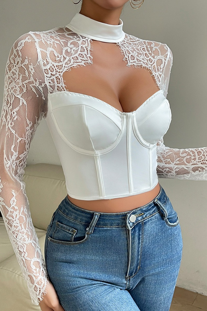 Sexy Slim Plunging Neck Lace Chic Long Sleeve Crop Top
