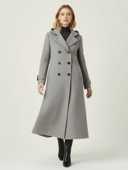 Hooded Double-Breasted Long Woolen Coat With Cuff Tabs For Women 2026