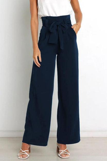 Casual fashion all-match wide-leg pants tie-up bow trousers