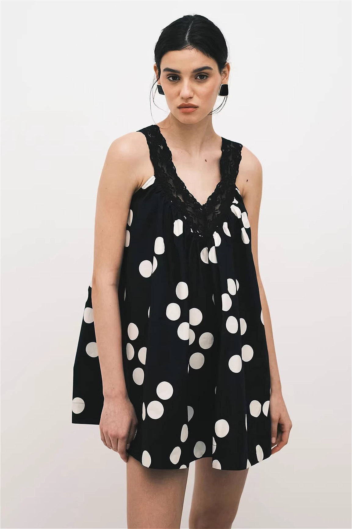 Polka Dot Lace Trim Deep V-Neck Swing Babydoll Mini Dress