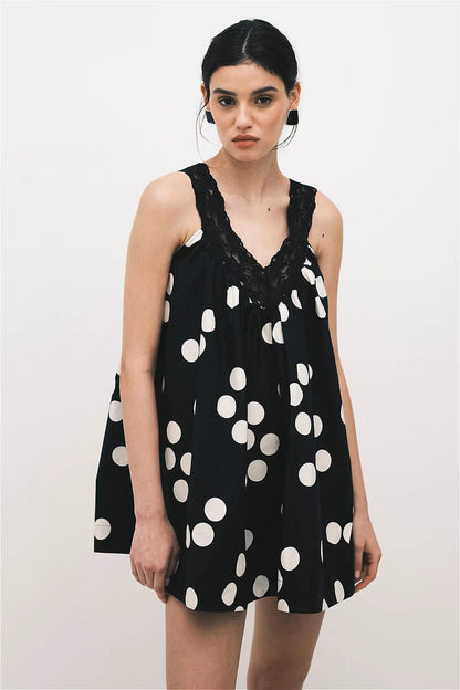 Polka Dot Lace Trim Deep V-Neck Swing Babydoll Mini Dress