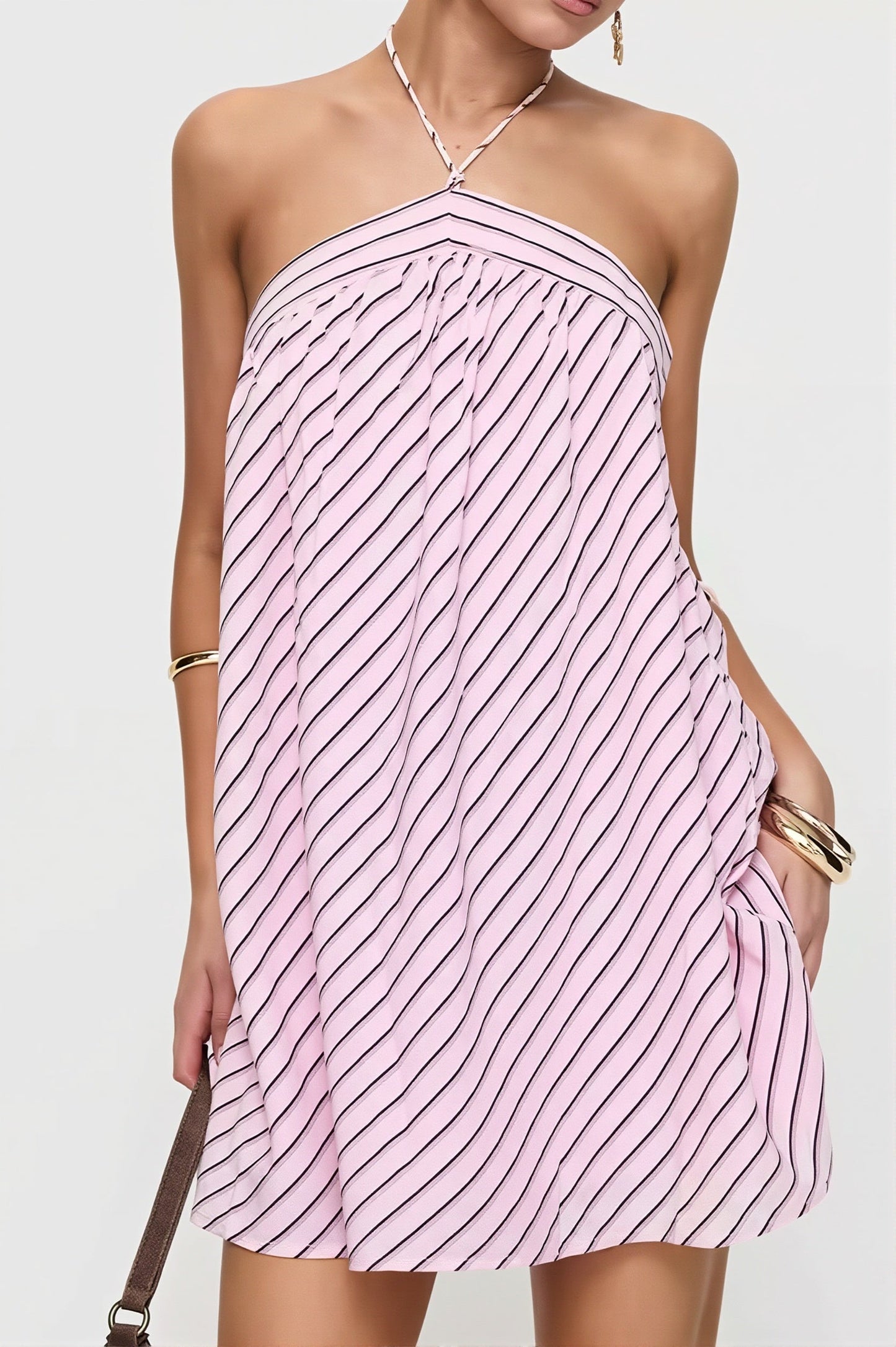 Diagonal Stripe Halter Gathered Babydoll Mini Dress