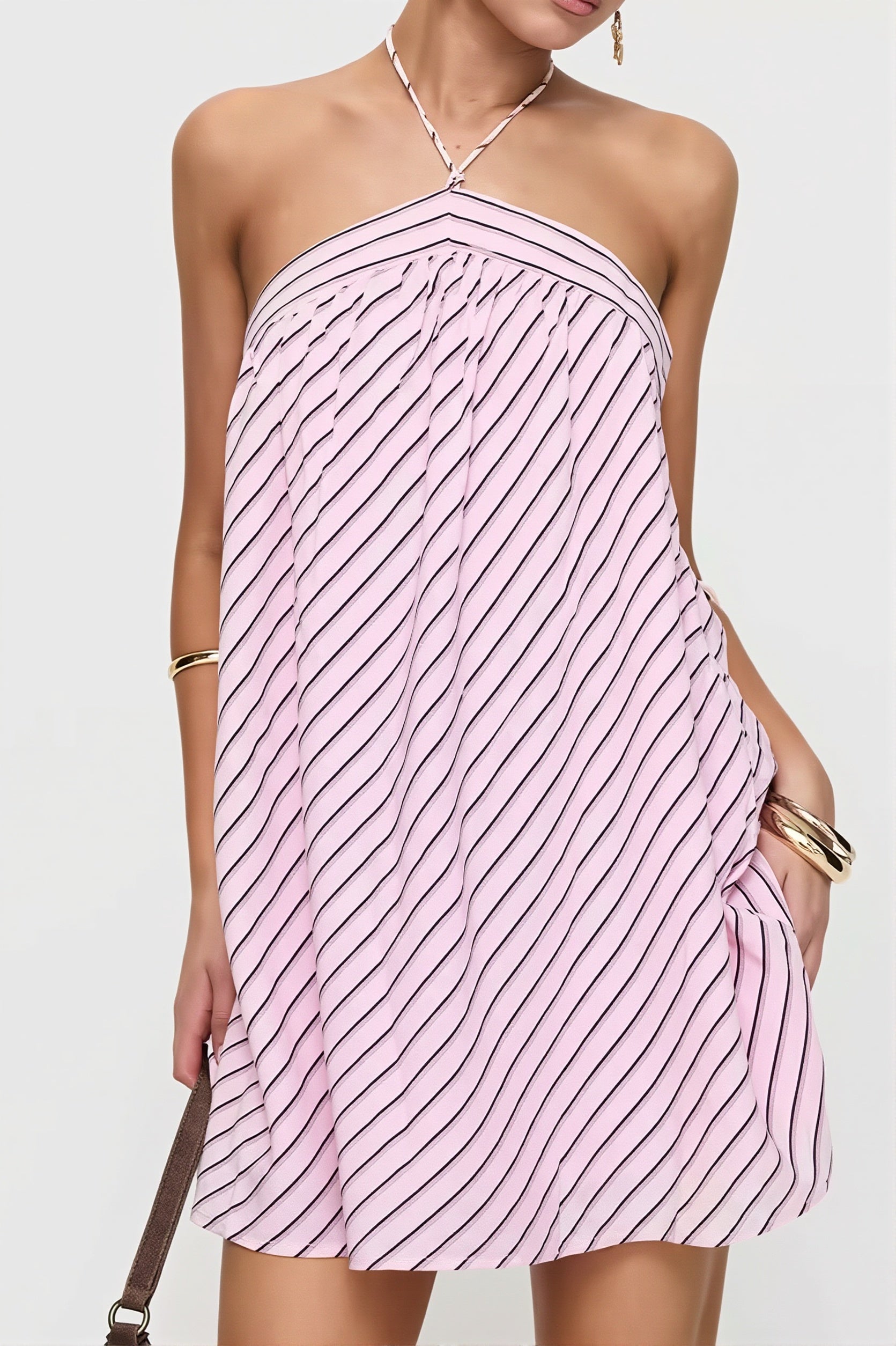 Diagonal Stripe Halter Gathered Babydoll Mini Dress