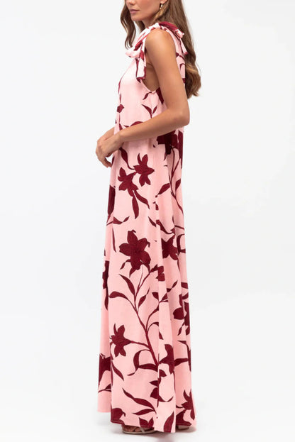 Botanical Print Sleeveless One-shoulder Tie-up Casual Vacation Maxi Dress