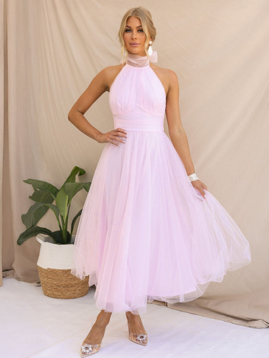 Tulle Midi Dress Halter Pleated Empire Waist Open Back Elegant Prom Dresses