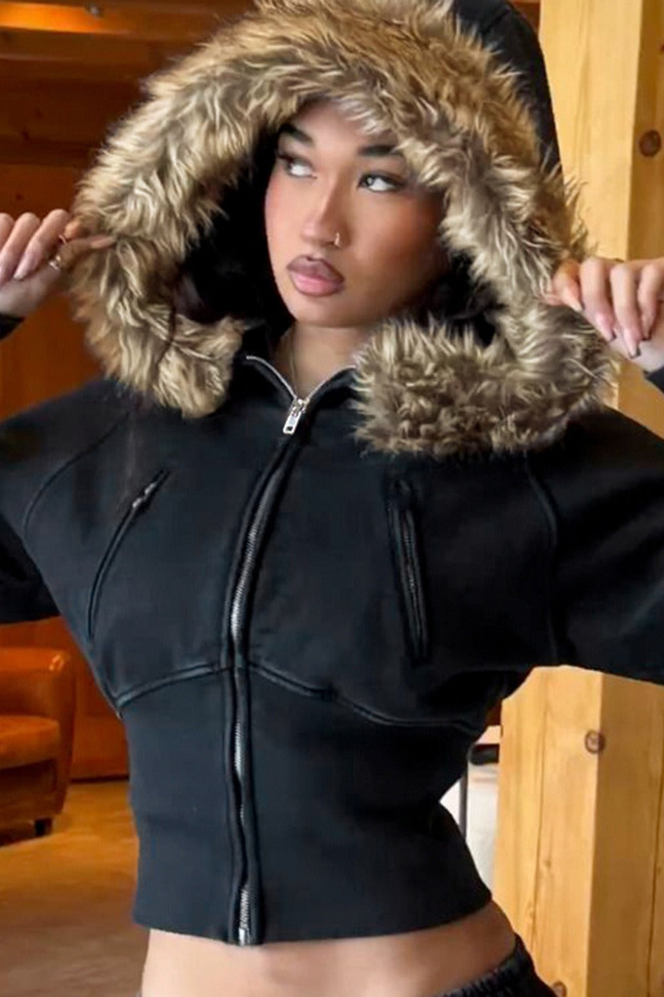 Street Style Fur Trim Sweatshirt Jacket