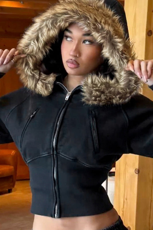 Street Style Fur Trim Sweatshirt Jacket