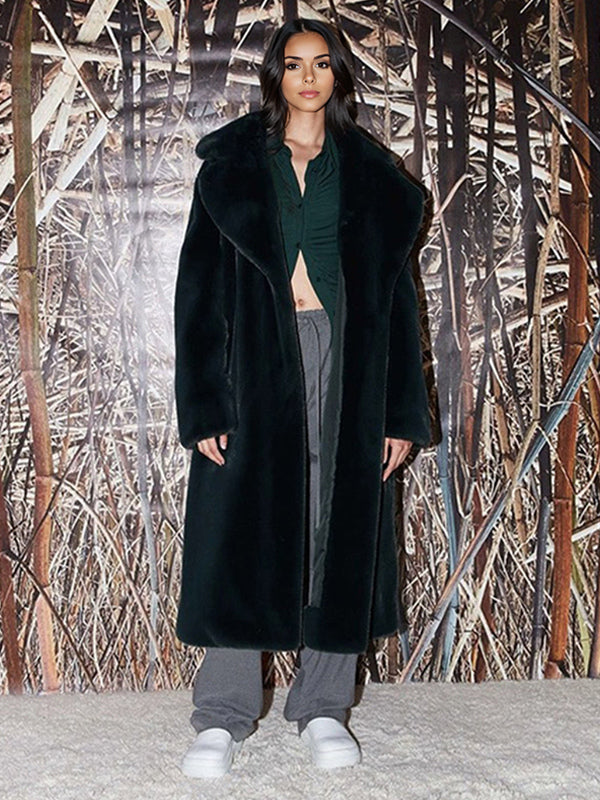 Longline Fux Fur Coat Notched Lapel Belted Eco-friendly Winter Jacket 2026
