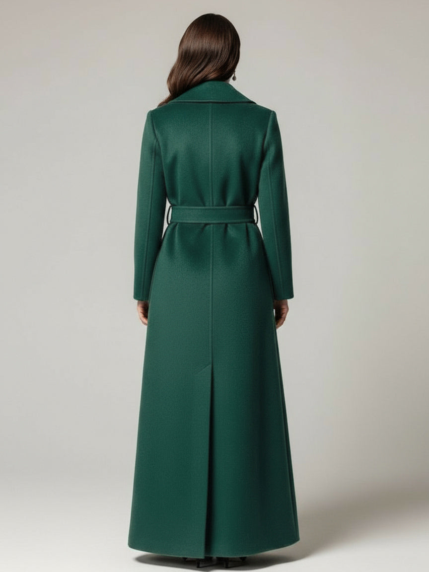 Belted Woolen Full-Length Maxi Coat With Wide Shawl Collar For Women 2026