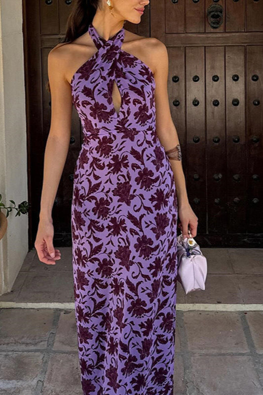 Backless Halter Print Slit Maxi Dress