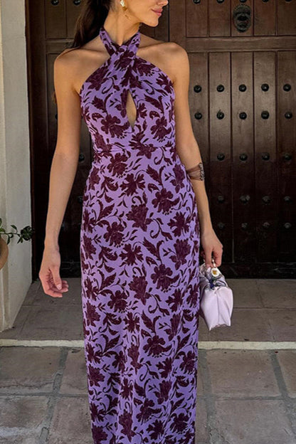 Backless Halter Print Slit Maxi Dress