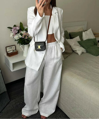 White Single Button Strapless Pants Office Two Piece Set