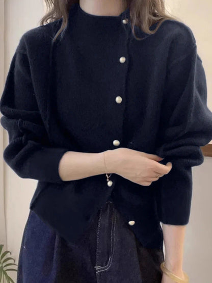 Christmas Red Puff Sleeve Button-Up Elegant Knitted Cardigan