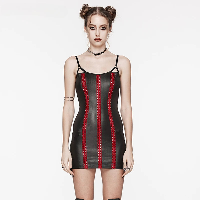 Studded Webbing Panel Faux Leather Scoop Neck Bodycon Mini Dress
