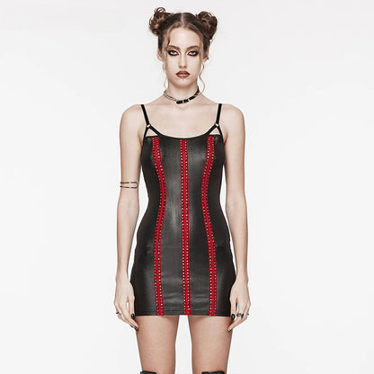 Studded Webbing Panel Faux Leather Scoop Neck Bodycon Mini Dress
