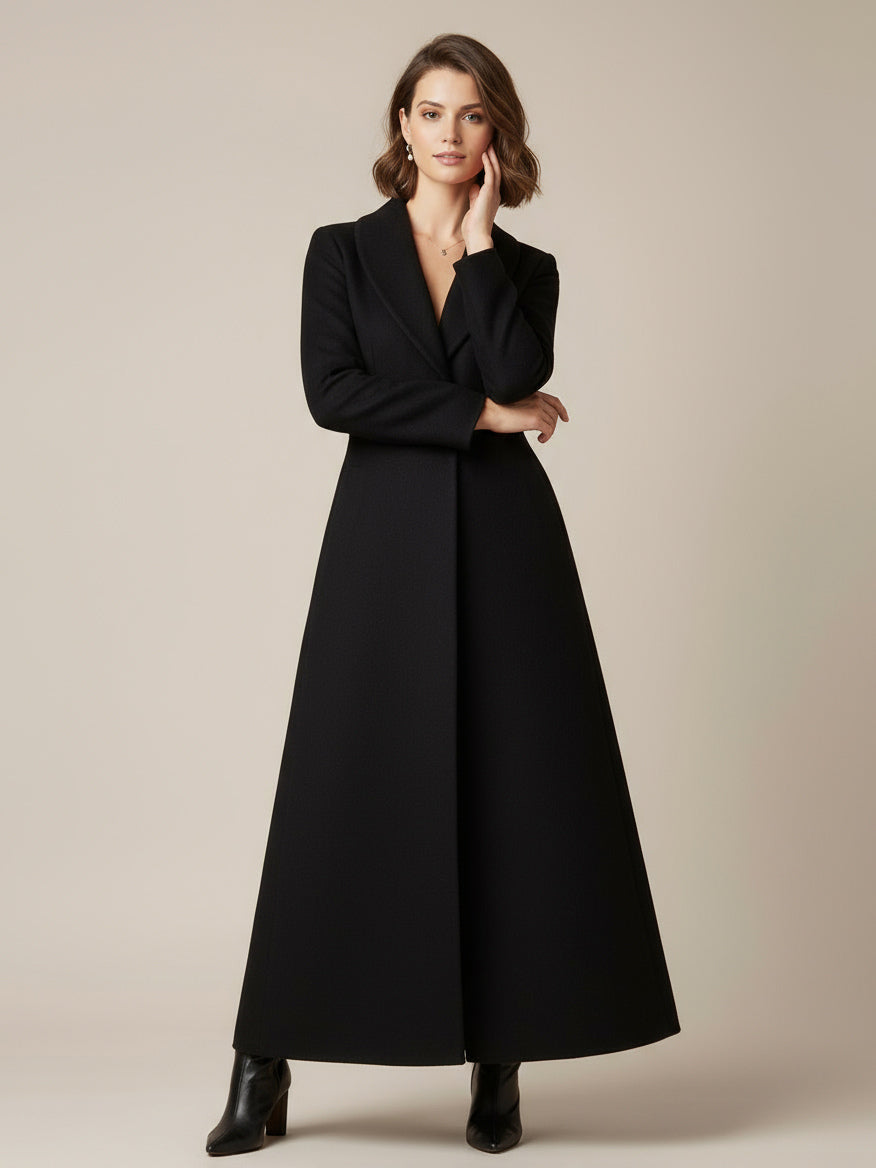 Shawl Collar Full-Length Woolen Coat With A-Line And V-Neck For Women 2026