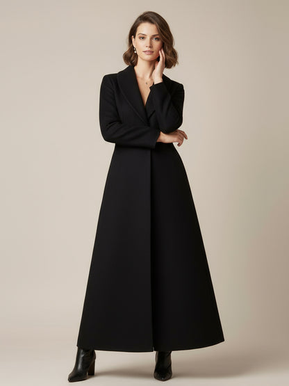 Shawl Collar Full-Length Woolen Coat With A-Line And V-Neck For Women 2026