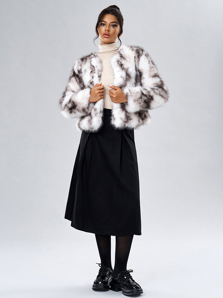 Faux Fur Coats Long Sleeves Casual Faux Fur Jacket Jewel Neck White Women Coat