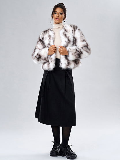 Faux Fur Coats Long Sleeves Casual Faux Fur Jacket Jewel Neck White Women Coat