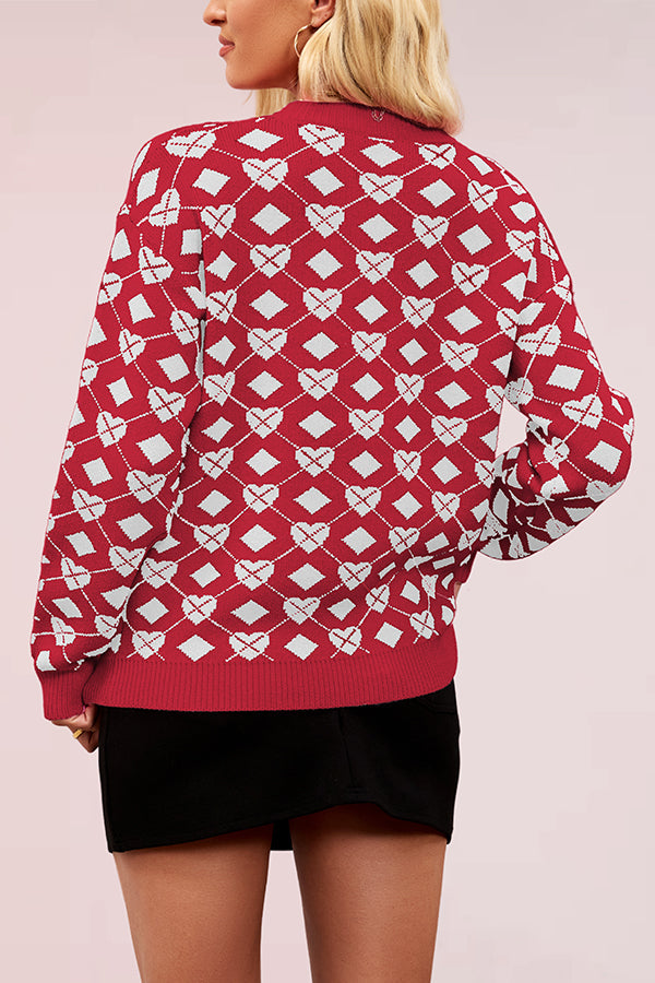 Fashionable Heart-shaped Jacquard Loose Long-sleeved Knit Sweater