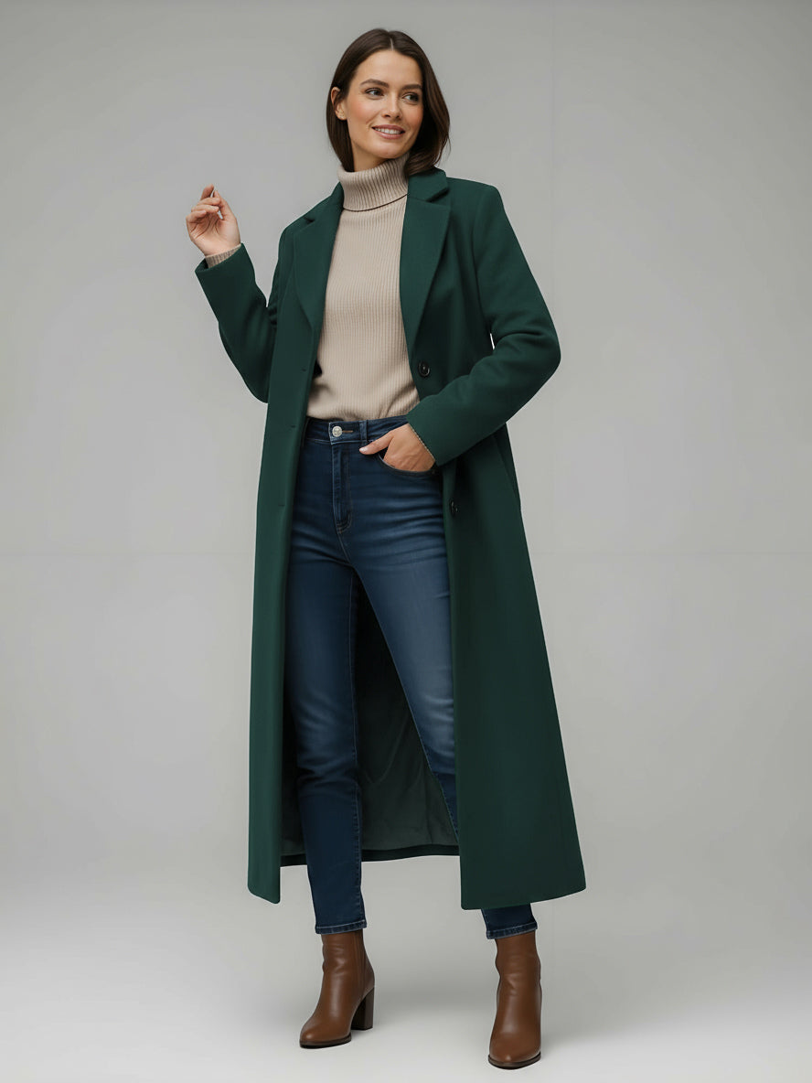 Woolen Long Straight Coat With Single-Breasted And Classic Notch Lapel For Women 2026