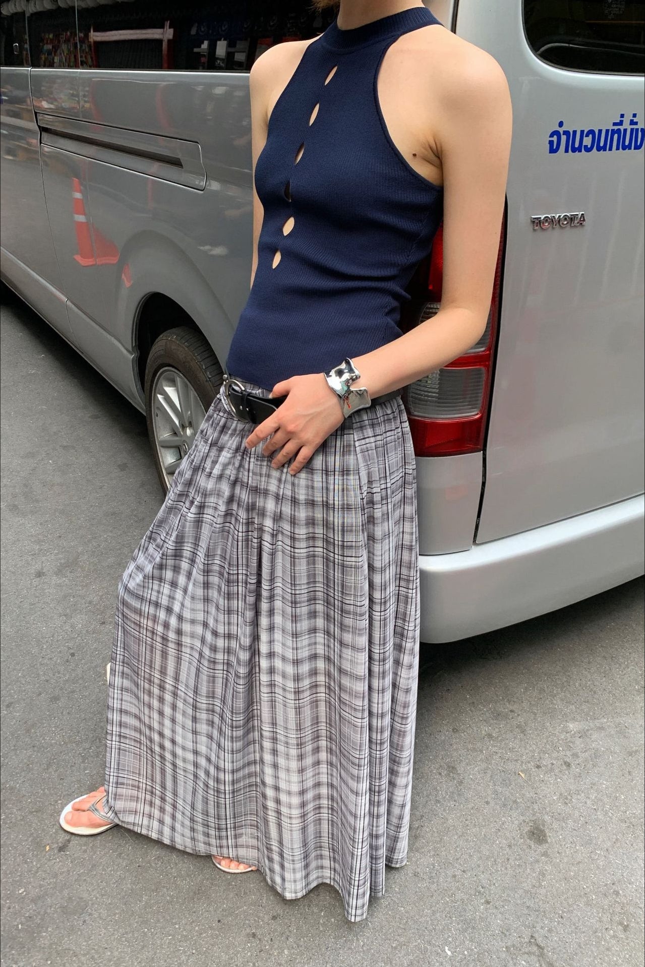 High-Waisted A-Line Mesh Plaid Maxi Skirt