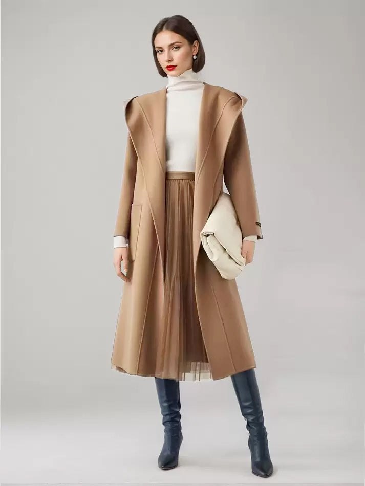 Wool Cashmere Blend Wrap Coat With Hood Double-Faced Camel Belted Winter Outerwear For Women 2026