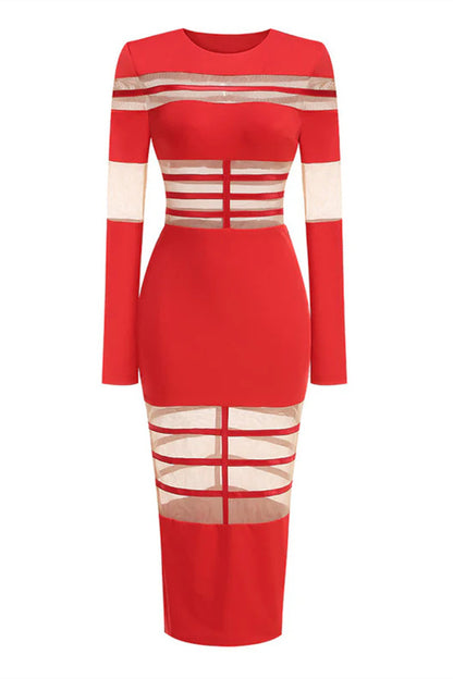 Kelly Long Sleeve Sheer Spliced Midi Dress