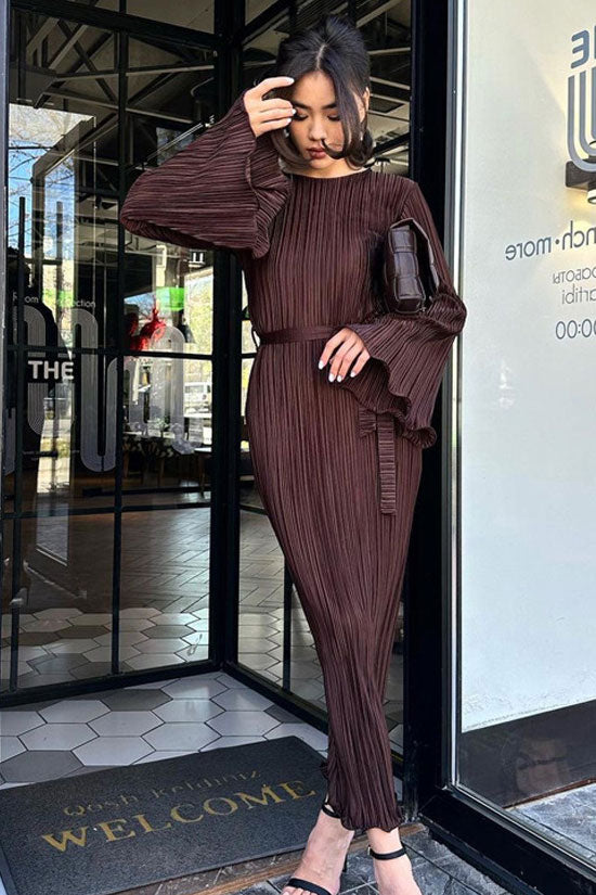 Micro Pleated Metallic Belted Long Sleeve Maxi Dress