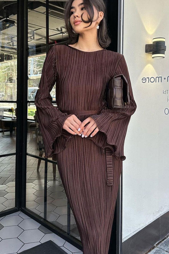 Micro Pleated Metallic Belted Long Sleeve Maxi Dress