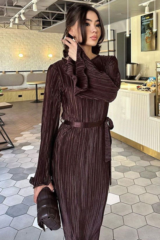 Micro Pleated Metallic Belted Long Sleeve Maxi Dress