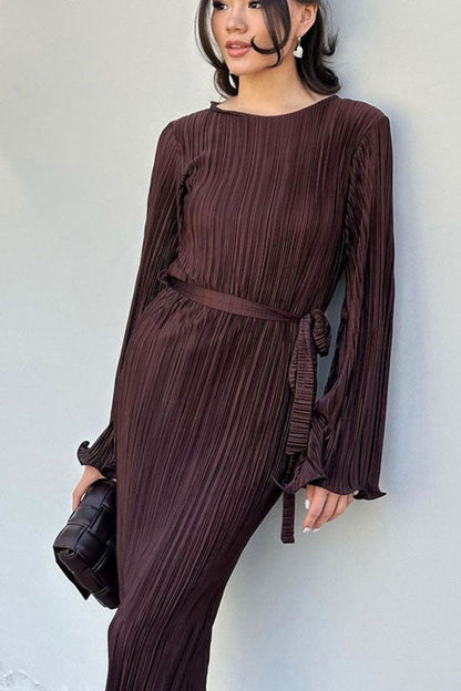 Micro Pleated Metallic Belted Long Sleeve Maxi Dress