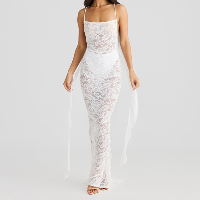 Square neck lace flower applique midi dress