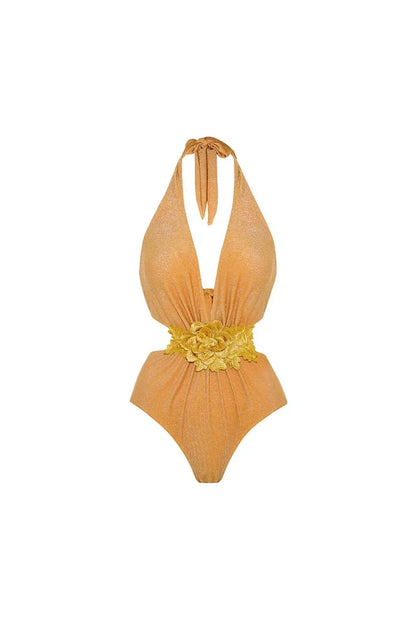 Golden Halter Deep V One-Piece Swimsuit