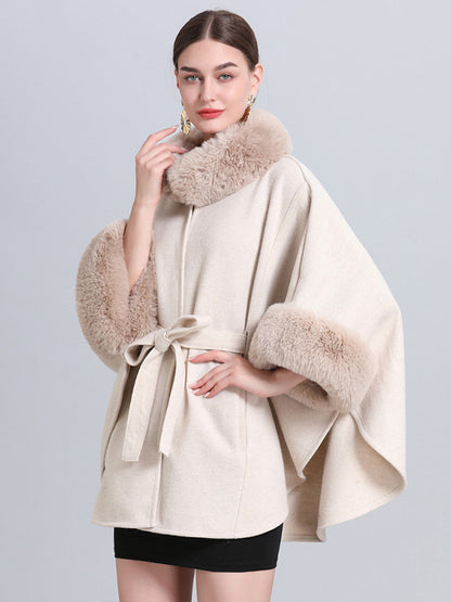 Women Poncho High Collar Light Gray Oversized Faux Fur Cape