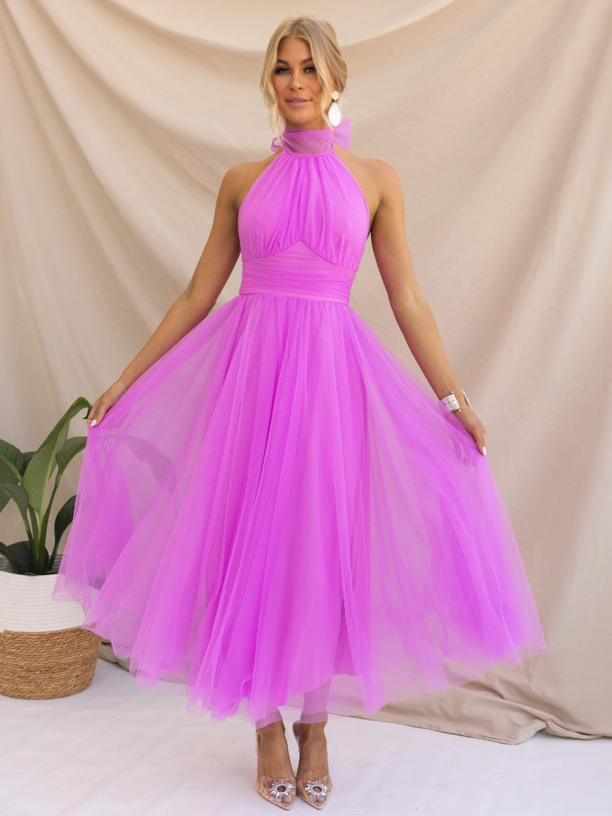 Tulle Midi Dress Halter Pleated Empire Waist Open Back Elegant Prom Dresses