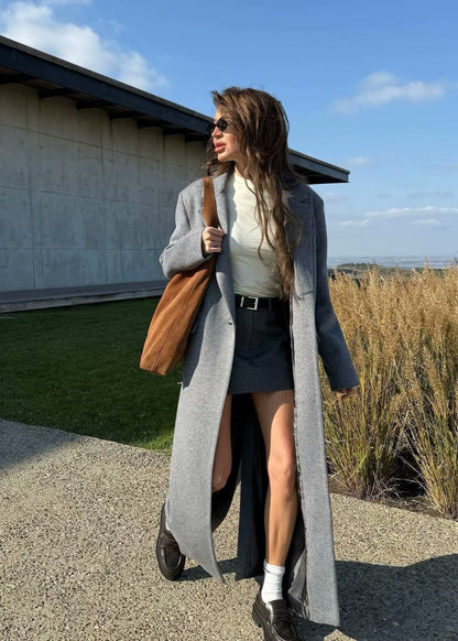 Double-Breasted Long Wool-Blend Coat – Gray