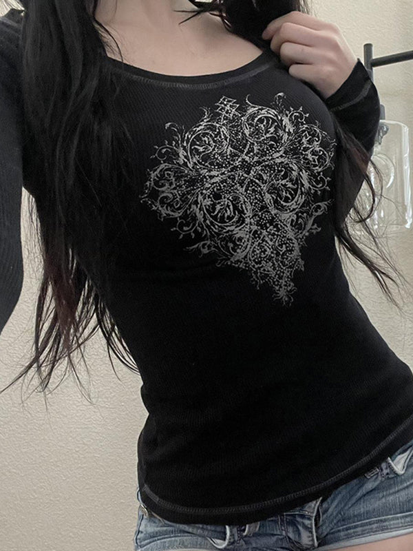 Black Vintage Print Long Sleeves Tee